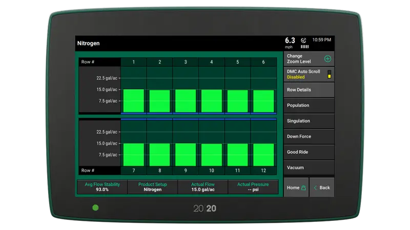 Precision Planting Flow Sense FlowSense muestra la dosis de fertilizante aplicada en cada surco